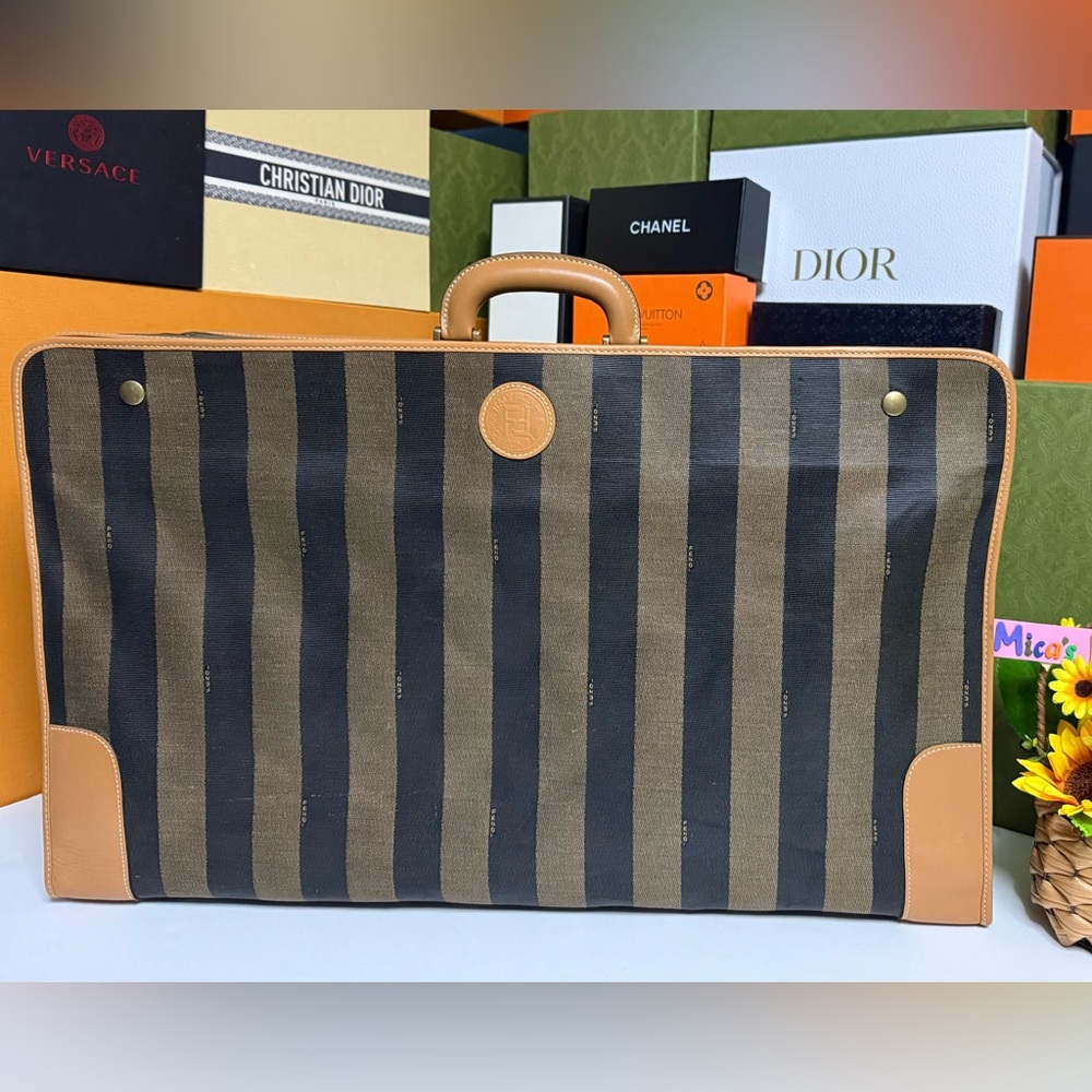 Auth FENDI Preowned EUC Pequin Black&Brown PVC Luggage Bag w/Signature Patterns